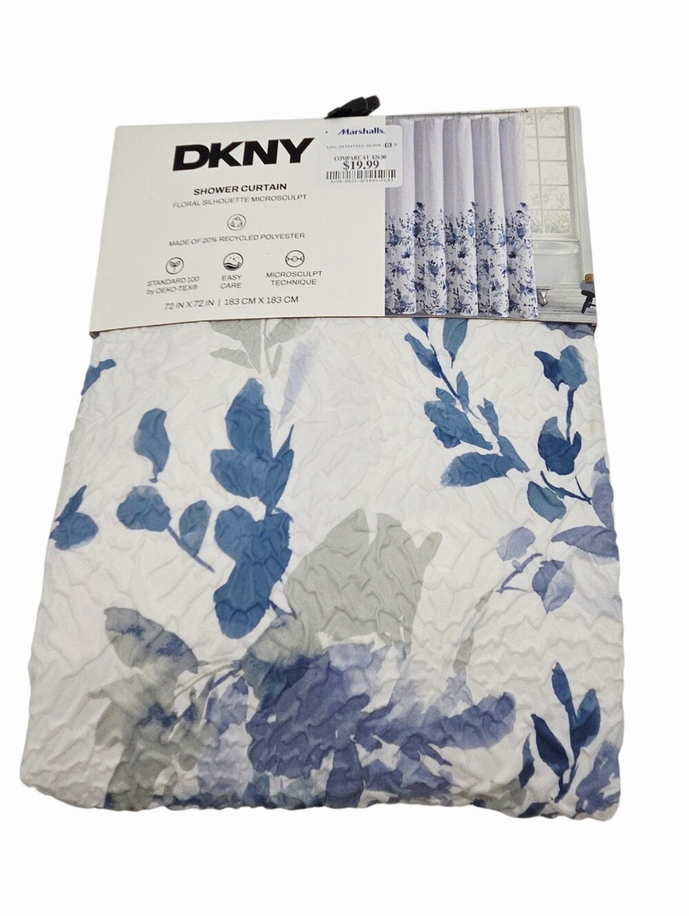 DKNY Floral Silhouette Microsculpt Fabric Shower Curtain White Blue 72x72inch